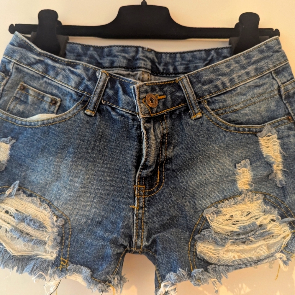 Blue Distressed Jean Shorts with Raw Hem